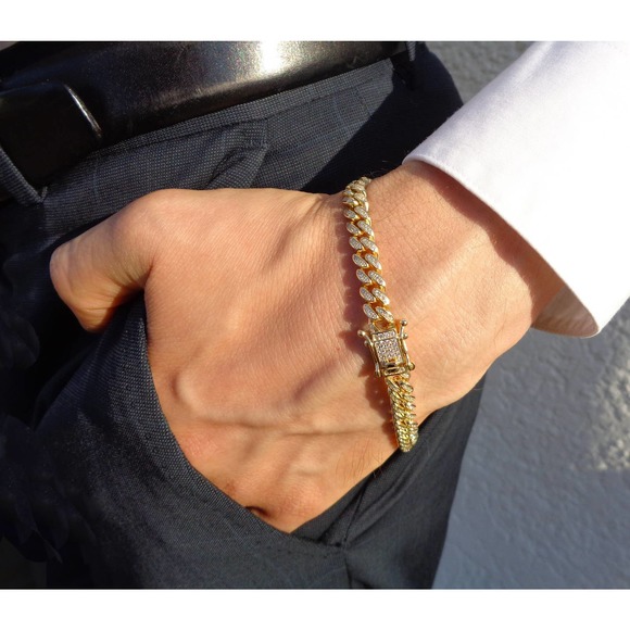 Icy Cuban Curb Pave CZ Bracelet, Gold Miami Bracelet Real Gold Plated 925 Silver - Picture 3 of 3